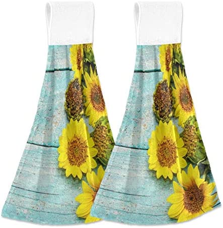 Photo 1 of 2 PCS Spring Sunflower Blue Kitchen Towel, Summer Floral Teal Wooden Board Hand Towels with Hanging Loop Ultra Soft Absorbent Microfiber Fingertips Tie Towel for Bathroom Laundry Farmhouse
