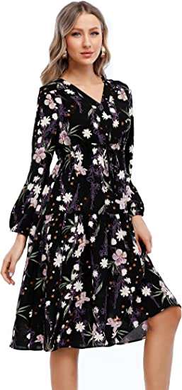 Photo 1 of Joyours Womens Casual Dress Summer Plus Size V Neck Floral Dress Loose Boho Midi Dresses A Line Long Sleeve Dress
M 