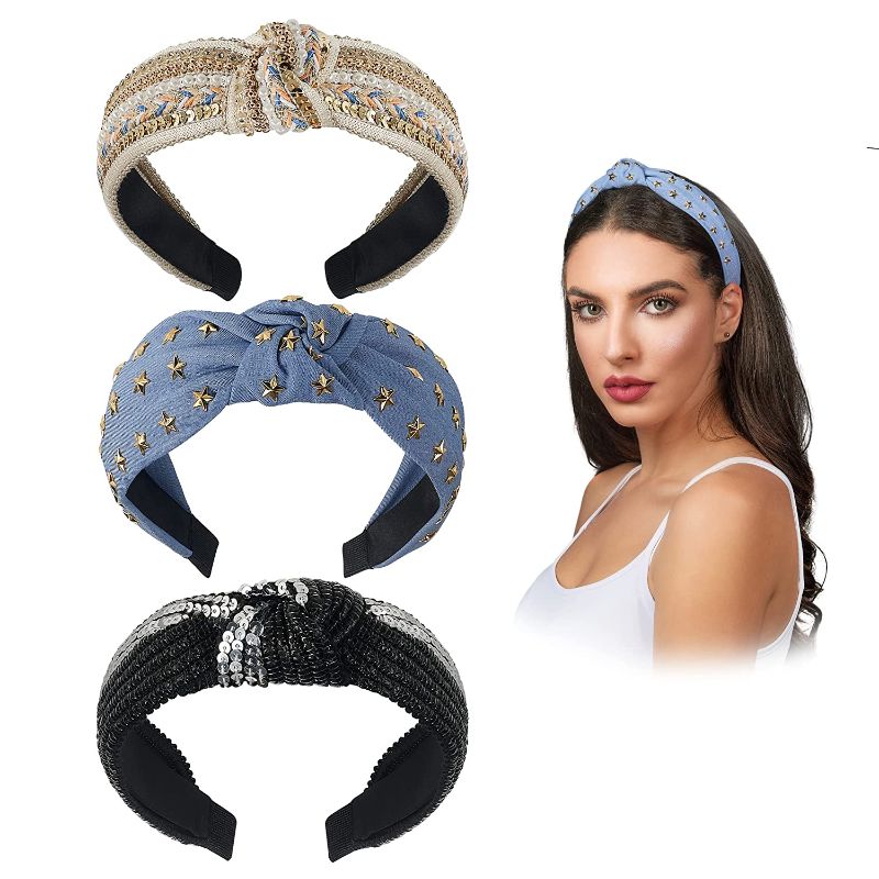 Photo 1 of A&R Knotted Headbands for Women - Top Knot Wide Headbands - Fashion Turban - Jeweled, Sequin, Rhinestone Designer Hair Styling Accessories (3 Style Pack)

