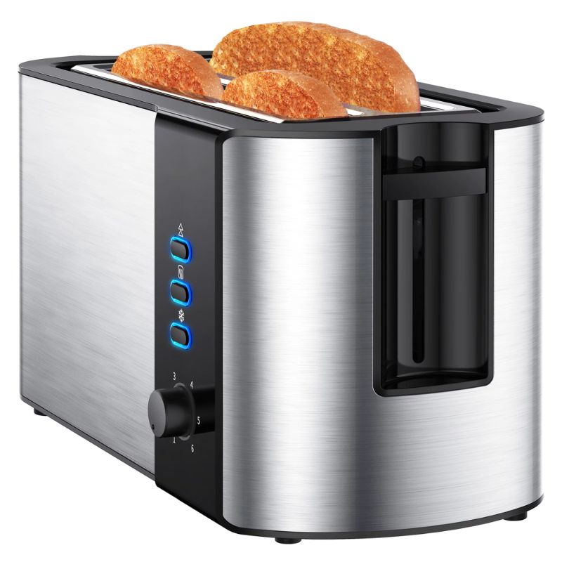 Photo 1 of IKICH Toaster 4 Slice, Toaster 2 Long Slot Stainless Steel, Warming Rack, 6 Browning Settings, Defrost/Reheat/Cancel, Removable Crumb Tray, 1300W
