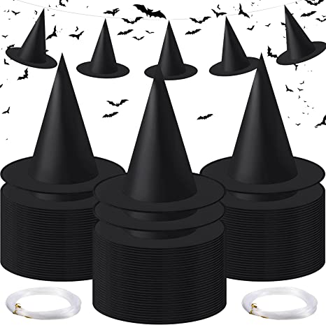 Photo 1 of 100 Pieces Halloween Witch Hat Bulk, Black Witches Hat with 218 Yards Hanging Rope for Halloween 