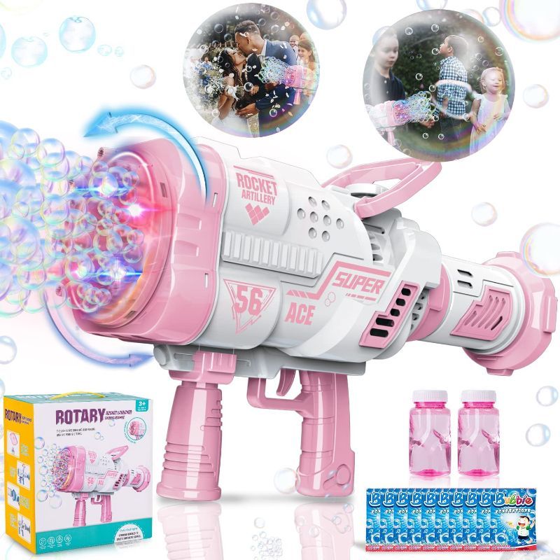 Photo 1 of Bubble Machine Gun, 56-Hole Rotate Rocket Bazooka Bubble Blower Gun with Colorful Lights, Giant Foam Maker Guns for TIK Tok Kids Adults Outdoor Birthday Party Wedding Summer Toy(Pink)