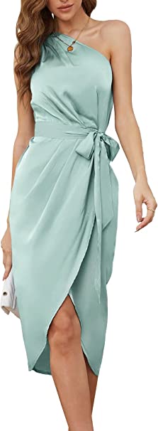 Photo 1 of Ailsi Women's One Shoulder Sleeveless Formal Ruched Cocktail Sexy Midi Dress with Belt