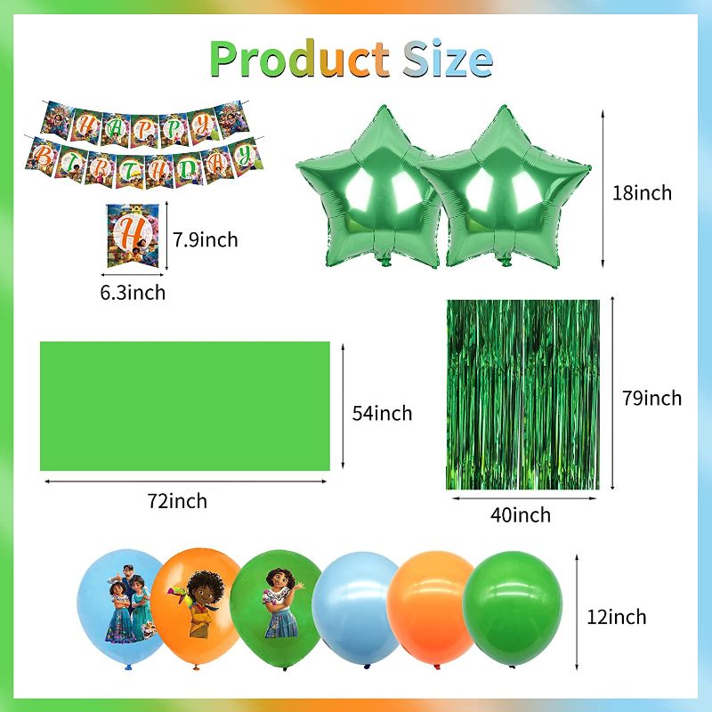 Photo 3 of 114 PCS Encanto Birthday Decorations, Encanto Party Supplies, Encanto Party Decorations includes Happy Birthday Banner, Balloons, Hanging Swirls, Foil Fringe Curtains, Tablecloth, Cake&Cupcake Toppers