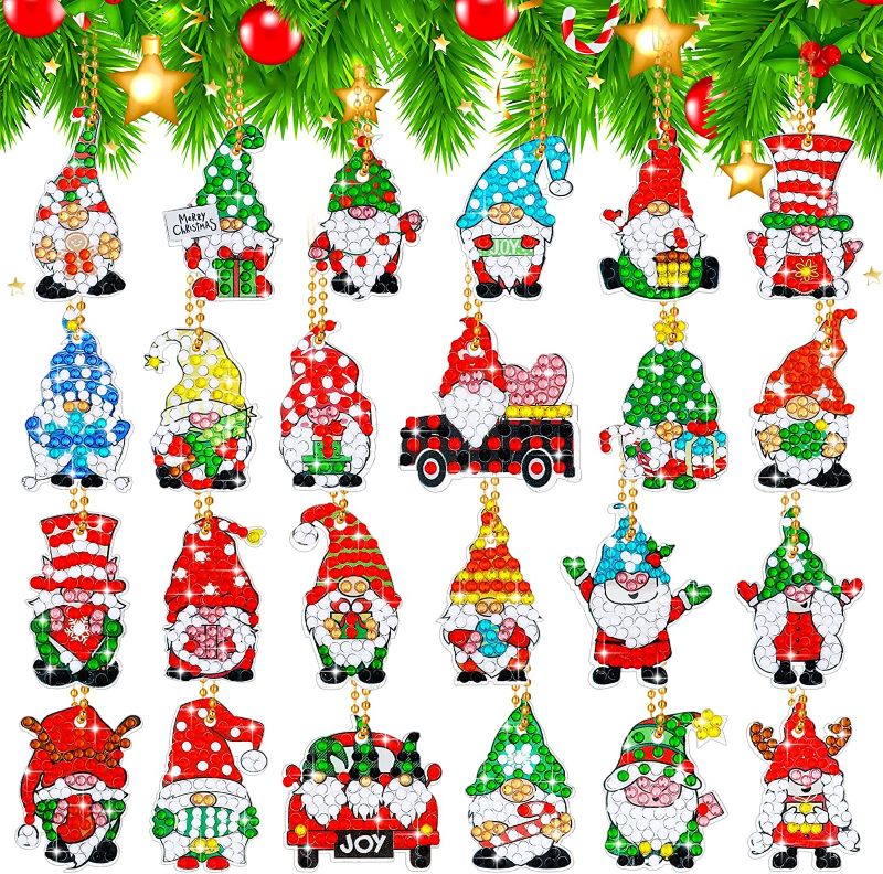 Photo 1 of 24 Pieces Christmas Diamond DIY Gnome Ornaments Diamond Painting Keychains 5D Key Ring Rhinestone Pendant Christmas Tree Decorations DIY Decor Decorative Hanging Ornaments (Gnome)
