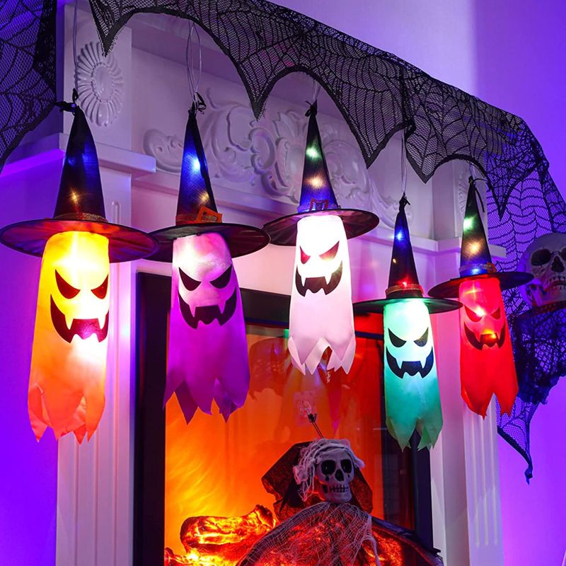 Photo 1 of 5PC Halloween Hanging Ghost Windsocks Light Hanging Decorations Windsock Flag Pumpkin Wind Socks with LED Lights for Front Door Halloween Ghost Decors Outdoor Decor for Home Garden Party Supplies
