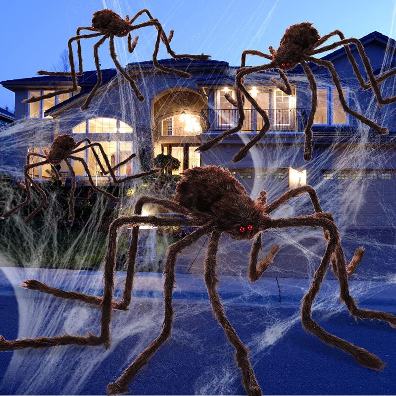 Photo 1 of 4 Pcs Halloween Giant Spider Decorations, Soft Hairy Scary Spider Halloween Decor Large Realistic Spider Animated Halloween Spider for Indoor Outdoor Yard Party Garden, 2.9 Ft, 2.5 Ft, 2 Ft, 1.6 Ft
