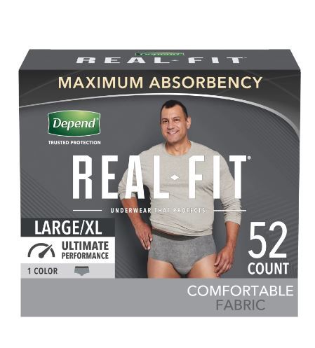 Photo 1 of Depend Real Fit Incontinence Underwear for Men, Large/Extra-Large (38–50" Waist), Maximum Absorbency, Gray, 52 Ct (2 Packs of 26)
