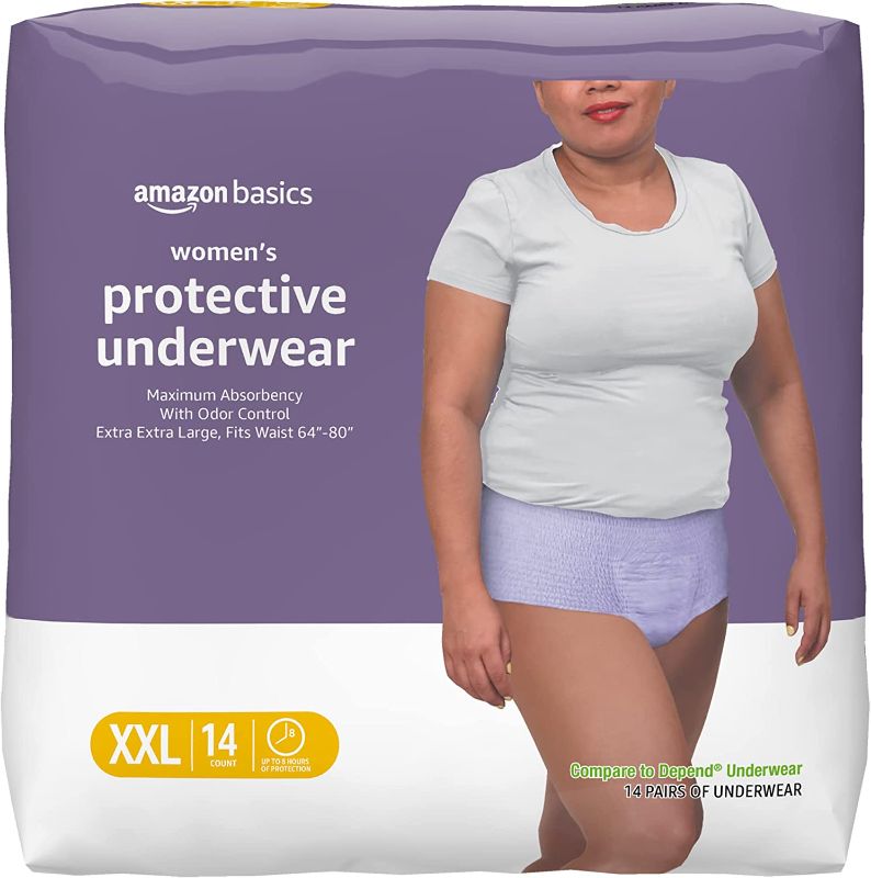 Photo 1 of 3   Amazon Basics Incontinence & Postpartum Underwear for Women, Maximum Absorbency, 2X Large, 14 Count, 1 Pack (Previously Solimo)
