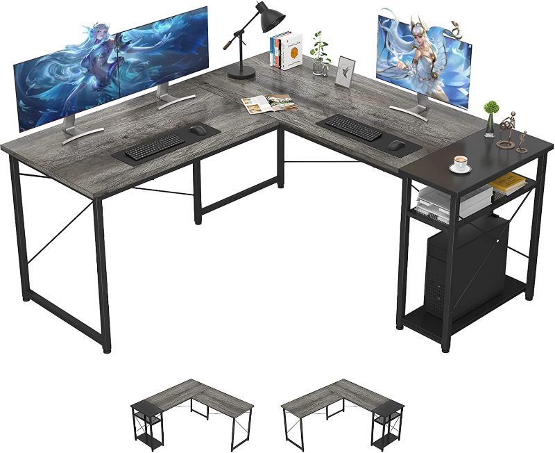 Photo 1 of Ecoprsio L-Shaped Desk Large L Shaped Gaming Desk with Storage Shelves Oak Corner Desk Writing Study Table for Home Office Gaming Workstation, Oak and Black
