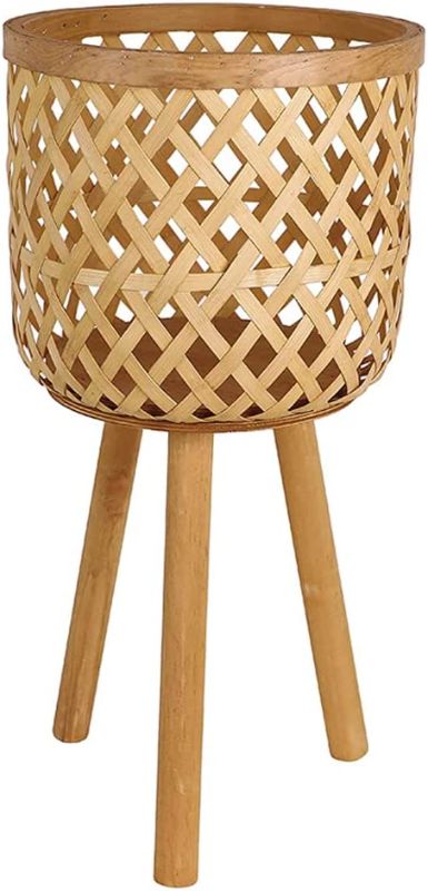 Photo 1 of Bamboo Woven Plant Pot on Wooden Standing Legs for Apartment Home Decoration and Display Planter Pot Container
