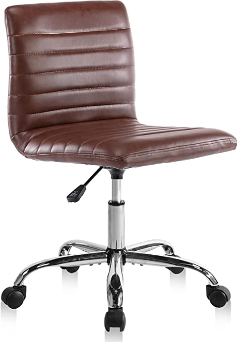 Photo 1 of PU Leather Office Armless-Computer Swivel Rolling Task Home Low Back Makeup Ribbed Desk Chair with Wheels for Bedroom Conference Reception Room (Brown, Retro)
