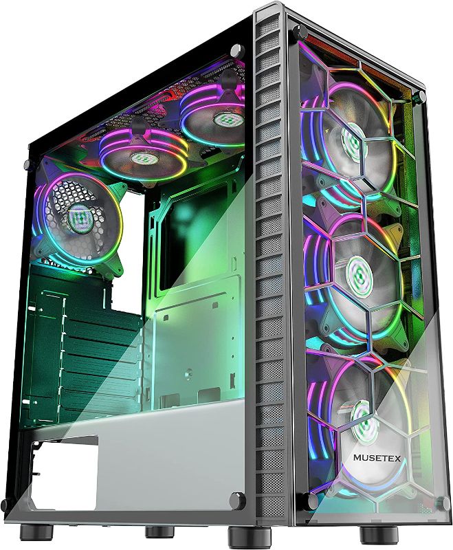 Photo 1 of MUSETEX ATX PC Case Pre-Installed 6Pcs 120mm ARGB Fans, Computer Gaming Case with Tempered Glass Side & Front Panels, Metal Honeycomb Mesh, USB3.0, S6-B---some hardware missing 
