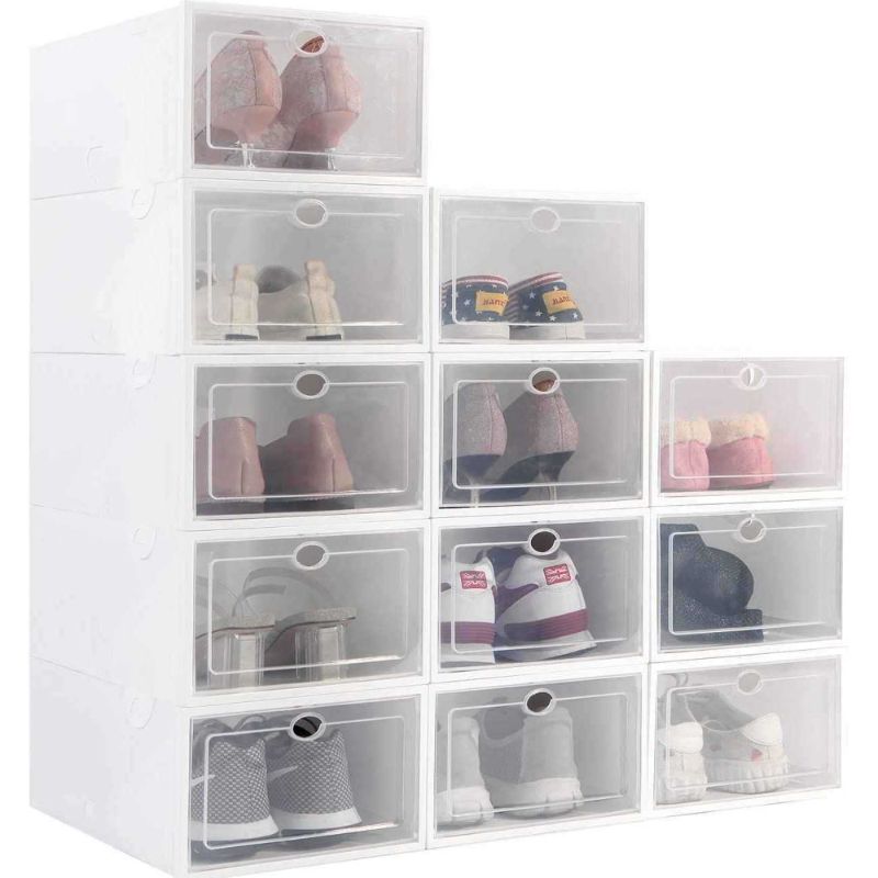 Photo 1 of 12 PC Shoe Organizer Storage Boxes for Closet Plastic Stackable Shoe Storage Bins with Front Opening Lids for Entryway, Closet Floor, Drop Front, Cubby
