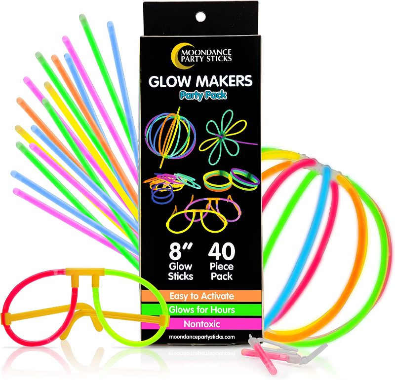 Photo 1 of 2---PartySticks Moondance Glow Sticks and Connectors - 40pk Glow in The Dark Party Favors with 16 Glow Sticks Party Decorations and 24 Connectors for Light Up Glasses, Glow Necklaces, Glow Bracelets
