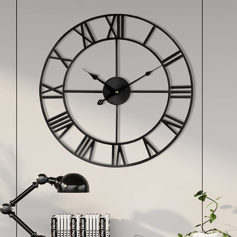 Photo 1 of 1st owned Large Silent Non-Ticking Wall Clock Roman Numerals Vintage Battery Operated (24 inch,18inch,16inch) Farmhouse Wall Clock for Living Room, Bedroom, Kitchen, Cafe Decor-Black
