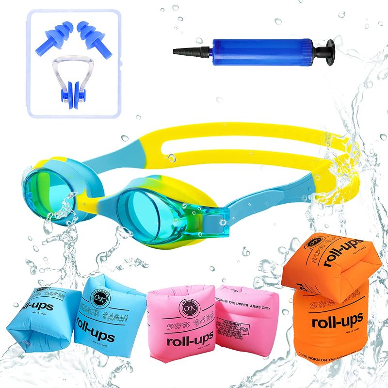 Photo 1 of Arm Floaties, Arm Floaties for Toddlers, Swim Arm Bands Inflatable Water Float Wings Floater Sleeves Swimming Rings Tube Armlets with Anti-Fog Waterproof Kid Swimming Glasses
