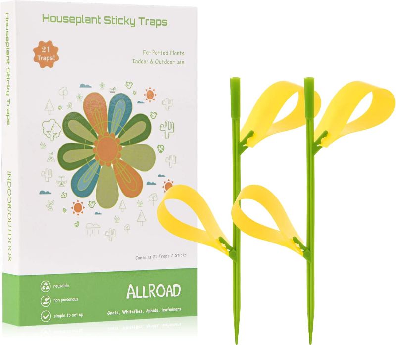 Photo 1 of ALLRoad 21 Pcs Yellow Sticky Fruit Fly Traps Gnat Trap for Indoor/Outdoor Houseplant Sticky Bug with Holes Insect Catcher Protect The Plant