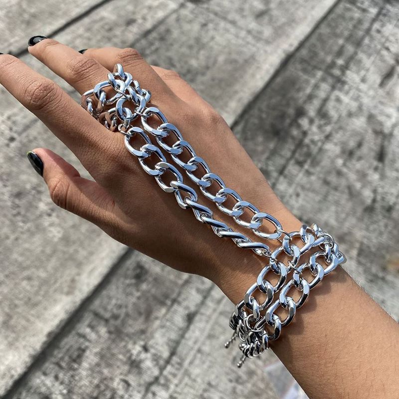 Photo 1 of Asphire Punk Layered Cuban Link Chain Tassel Bracelet with Finger Ring Hand Harness Slave Bracelet Boho Wrist Chain for Women Teens Girls (Silver)
