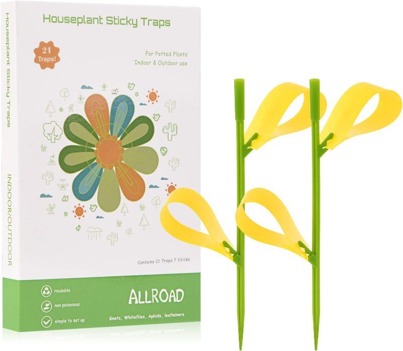 Photo 1 of ALLRoad 21 Pcs Yellow Sticky Houseplant Fruit Fly Traps Fungus Gnat Killer Flying Catcher for Indoor and Outdoor Insect Stakes Trap
