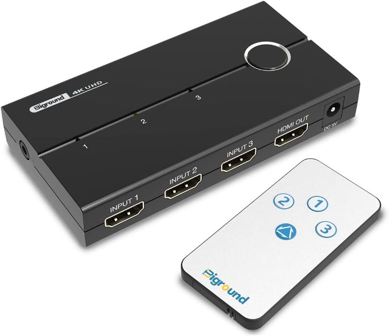 Photo 1 of Biground HDMI Switch 4K 60HZ Auto Selector Switch Box 3 In 1 Out with Remote Control,DC Charger,HDMI Switcher Input Splitter Support HDMI 2.0 HDCP2.2 CEC 3D UHD HDR 4:4:4 SDR 18Gbps 1080P HD Low Power