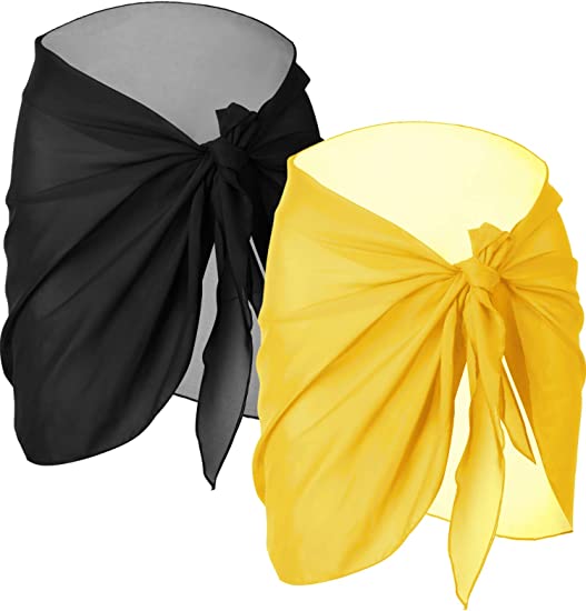 Photo 1 of Chuangdi 2 Pieces Sarong Coverups for Women Bathing Suit Wrap Swimsuit Skirt Beach Bikini Cover Up Swimwear Chiffon (Black and Yellow) - SET OF 2 -