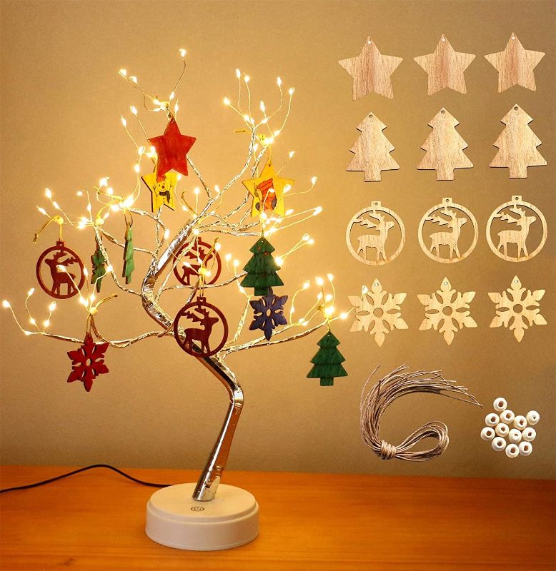 Photo 1 of AMARS 20inch Tabletop Christmas Tree Fairy Spirit Bonsai Tree Lamp with 12pcs Unfinished Wooden Snowflakes Christmas Ornaments Cutouts with Cord Mini Xmas Tree Decorations for Home, Kids, Gift
