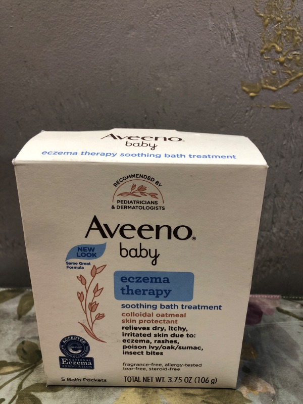 Photo 2 of Aveeno Baby Eczema Therapy Soothing Bath Treatment for Relief of Dry, Itchy & Irritated Skin,Made with Natural Colloidal Oatmeal, Fragrance-Paraben-, Steroid- & Tear-Free, 10 ct ( Packaging May Vary )-- Factory Seal