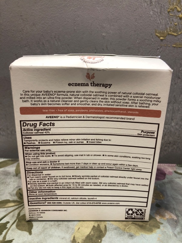 Photo 3 of Aveeno Baby Eczema Therapy Soothing Bath Treatment for Relief of Dry, Itchy & Irritated Skin,Made with Natural Colloidal Oatmeal, Fragrance-Paraben-, Steroid- & Tear-Free, 10 ct ( Packaging May Vary )-- Factory Seal