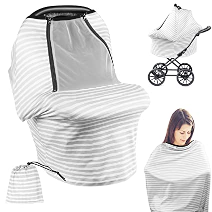 Photo 1 of Baby Car Seat Covers Mesh Zipper Peep Window Nursing Cover Breastfeeding Scarf Baby Carseat Canopy Infant Stroller Cover Baby Shower Gifts for Girls and Boys Mothers Day Gifts (Grey Stripe)-- factory seal