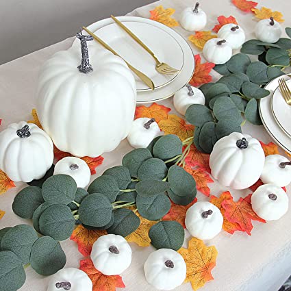 Photo 1 of 117PCS Fall Wedding Decor Artificial Pumpkins Decoration, 16PCS Faux Large White Fake Pumpkins + 6ft Faux Eucalyptus Leaves + 100Pcs Fake Maple Leaves for Wedding Halloween Thanksgiving Part