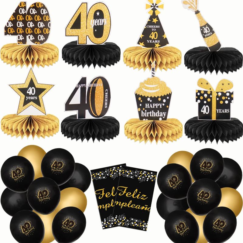 Photo 1 of 40th Birthday Table Decorations,Honeycomb Centerpiece Table Decorations for Men,42 PCS Black Gold Perfection Table Centerpiece Toppers Party Supplies,Forty Years Birthday Party Sign Décor
