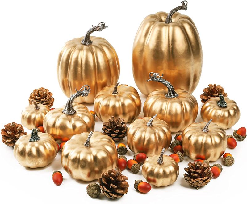 Photo 1 of 12 pcs Assorted Sizes Gold Artificial Pumpkins Faux Foam Autumn Pumpkins with 24 pcs Acorns and 6 pcs Pinecones for Halloween Thanksgiving Table Fall Harvest Home Decorations
