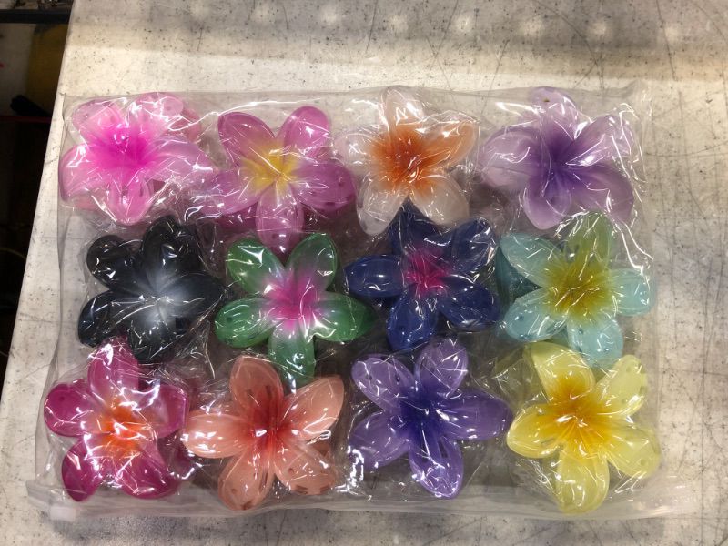Photo 2 of 12 PCS Flower Hair Clips Hawaiian Claw Clips for Women Cute Plumeria Hair Clip Big Flower Claw Clip Non Slip Hair Catch Barrettes Jaw Clamps for Girls Thick Thin Hair Large Hair Accessories(12Colors)