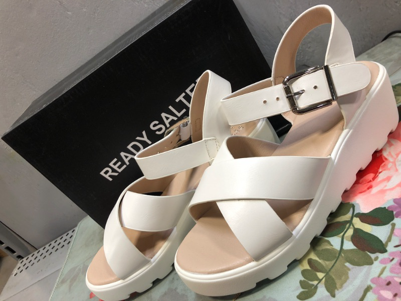 Photo 1 of Cleated Cross Strap Wedge Sandals | KELON1-- White - Size 7 