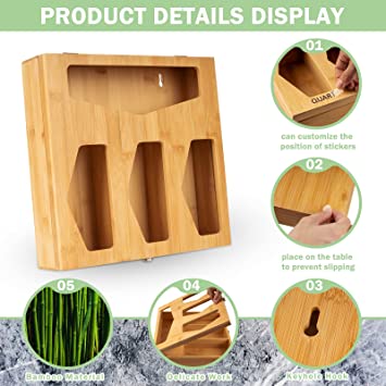 Photo 1 of Bamboo Ziplock Bag Storage Organizer and Dispenser for Kitchen Drawer Food Storage Bag Holders with Label Stickers Compatible with Gallon, Quart, Ziploc, Solimo, GladSandwich and Snack Bags