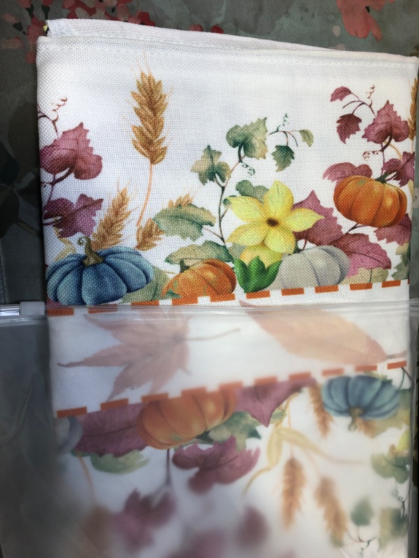 Photo 2 of  Watercolor Fall Table Runner Burlap Autumn Seasonal Mapleave Pumpkin Ear of Wheat Table Runners Kitchen Dining Decor for Table Center Home Party Wedding Holiday Indoor Outdoor(13x90in)
