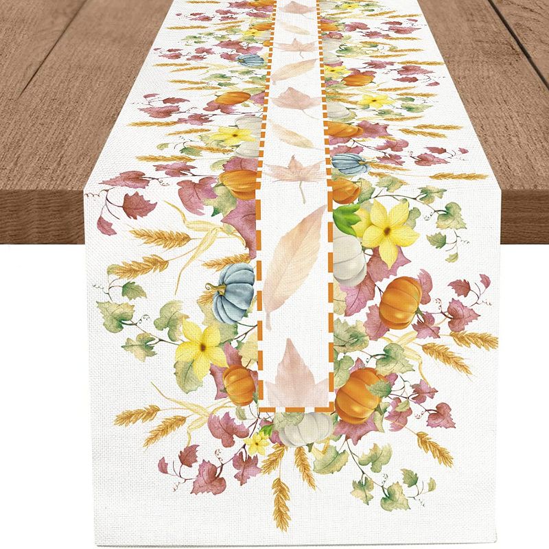 Photo 1 of  Watercolor Fall Table Runner Burlap Autumn Seasonal Mapleave Pumpkin Ear of Wheat Table Runners Kitchen Dining Decor for Table Center Home Party Wedding Holiday Indoor Outdoor(13x90in)
