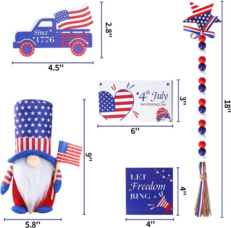 Photo 1 of 5 pcs 4th of July Gnome Tiered Tray Decor (Tray Not Included) - Patriotic Gnome Plush, Independence Day Wood Signs, Wooden Bead Garland with Star for Memorial Day and 4th of July Decoration
