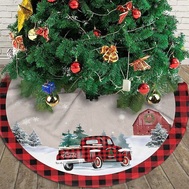 Photo 1 of 48 Inch Rustic Christmas Tree Skirt,Xmas Tree Skirt with Buffalo Plaid Border Farmhouse Red Black Truck,Christmas Tree Mat,Merry Christmas New Year Holiday Party Decor
