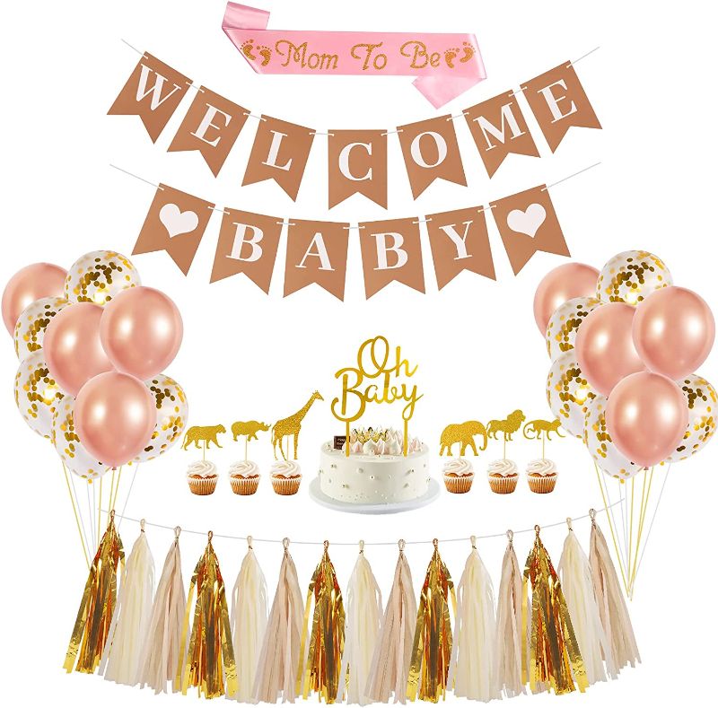 Photo 1 of Baby Shower Decorations for Girl Or for Boy Neutral with Welcome Baby Banner Rose Gold Latex Balloons Gold Confetti Balloons Tissue Paper Tassels Garland Oh Baby Sign Cake Topper Mom To Be Sash PHXEY
