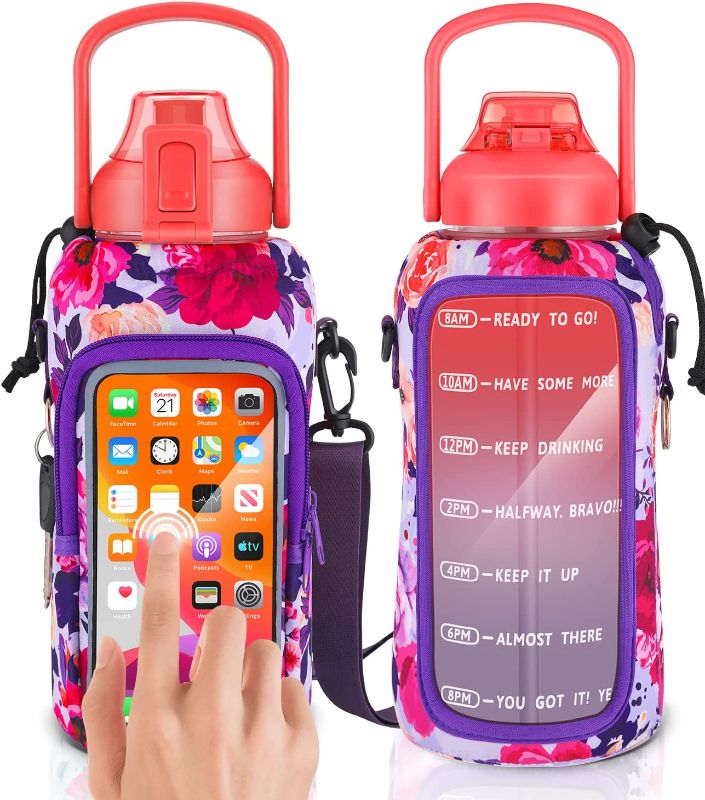 Photo 1 of Half Gallon Water Bottle with Sleeve 64 oz Water Bottle with Straw & Time Marker Insulated BPA Free Leakproof Sport Water Jugs for Drinking for School, Fitness, Gym and Outdoor Sports
