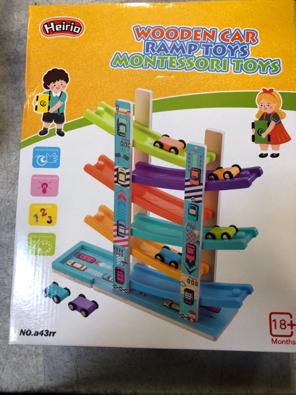 Photo 2 of Heirio Montessori Toys for Toddlers 1 2 3 Year Old Boys Girls, Wooden Car Ramp Toy Includes 6 Cars and Wood Parking Lot, Race Track Gift for Kids   -- FACTORY SEALED --
