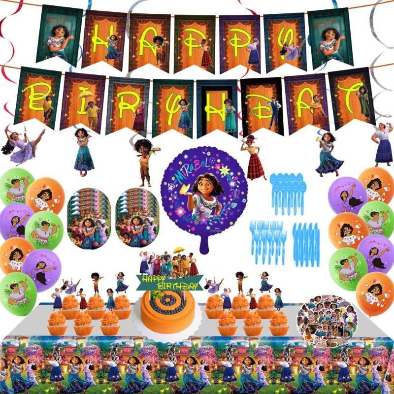 Photo 1 of Encanto Party Supplies, Encanto Party Decorations Include Happy Birthday Banners, Spirals, Cake Decorations, Cupcake Decorations, Balloons, Tablecloths, Plate,Knive, Fork, Spoon,Foil Balloons And Stickers
