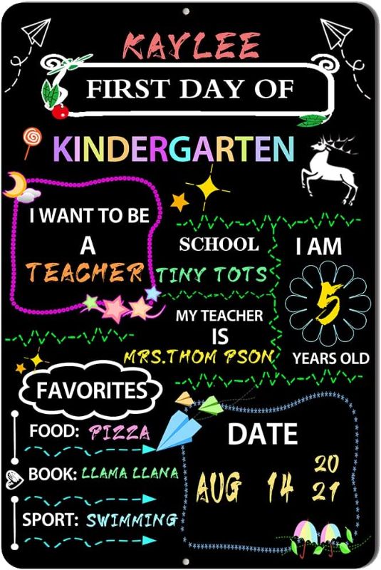 Photo 1 of First Day of School Photo Prop Chalkboard Sign.First Day of Kindergarten Chalkboard My 1st Day Back to School Board Style Sign, Kindergarten, Preschool, Durable Metal Milestone Tin Sign 12" X 8"
