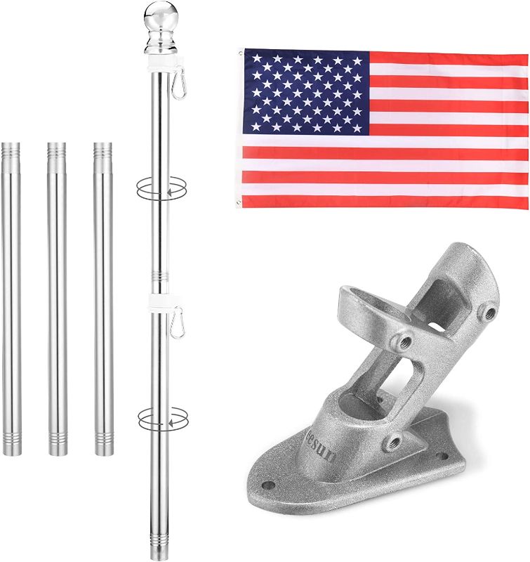 Photo 1 of Yeesun Flag Pole for House with 3x5 American Flag, 6 FT Wall Mount Flag Pole with Bracket for Home Porch,Outdoor Deco.Residential or Commerical Tangle Free Flag Pole Kit (Silver)