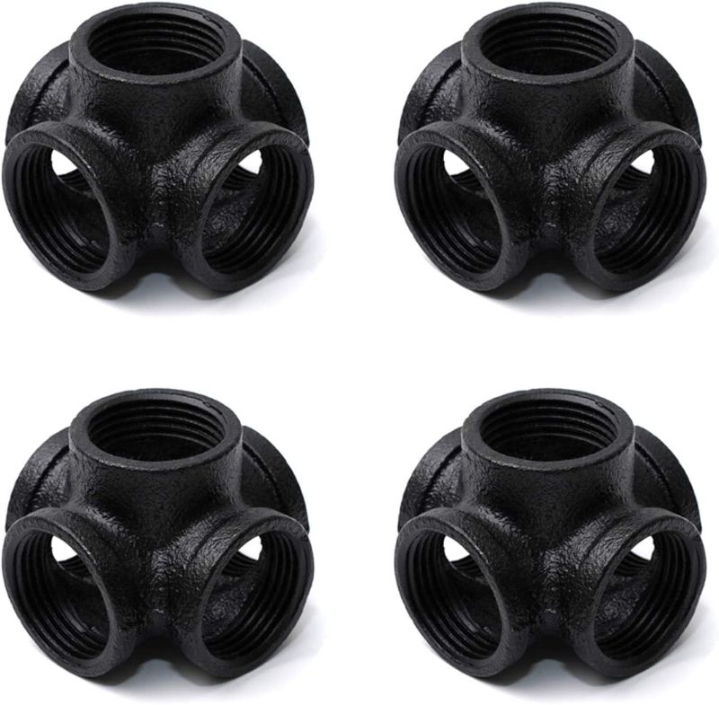 Photo 1 of 1/2" Black 5-Way Side Outlet Tee, Home TZH 4-Pack 5-Way Threaded Corner Malleable Cast Iron Pipe Fitting for Industrial Pipe, Furniture and DIY Decoration (4, Black 1/2 Inch)