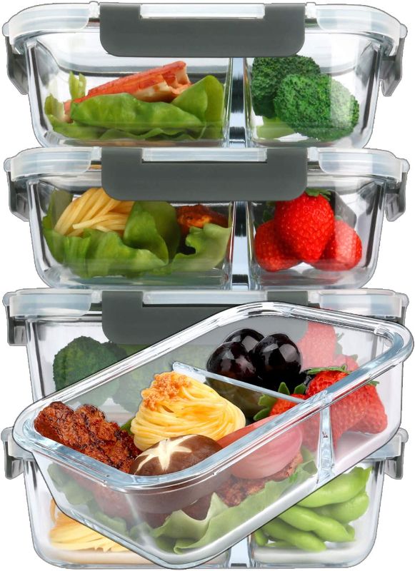 Photo 1 of [5-Pack,36 Oz]Glass Meal Prep Containers 2 Compartments Portion Control with Upgraded Snap Locking Lids Glass Food Storage Containers, Microwave, Oven, Freezer and Dishwasher (4.5 Cups) 