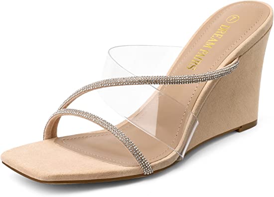 Photo 1 of DREAM PAIRS Women's Slides Wedge Sandals Crossover Sparkly Strap Clear Square Open Toe Dress Shoes size 8.5
