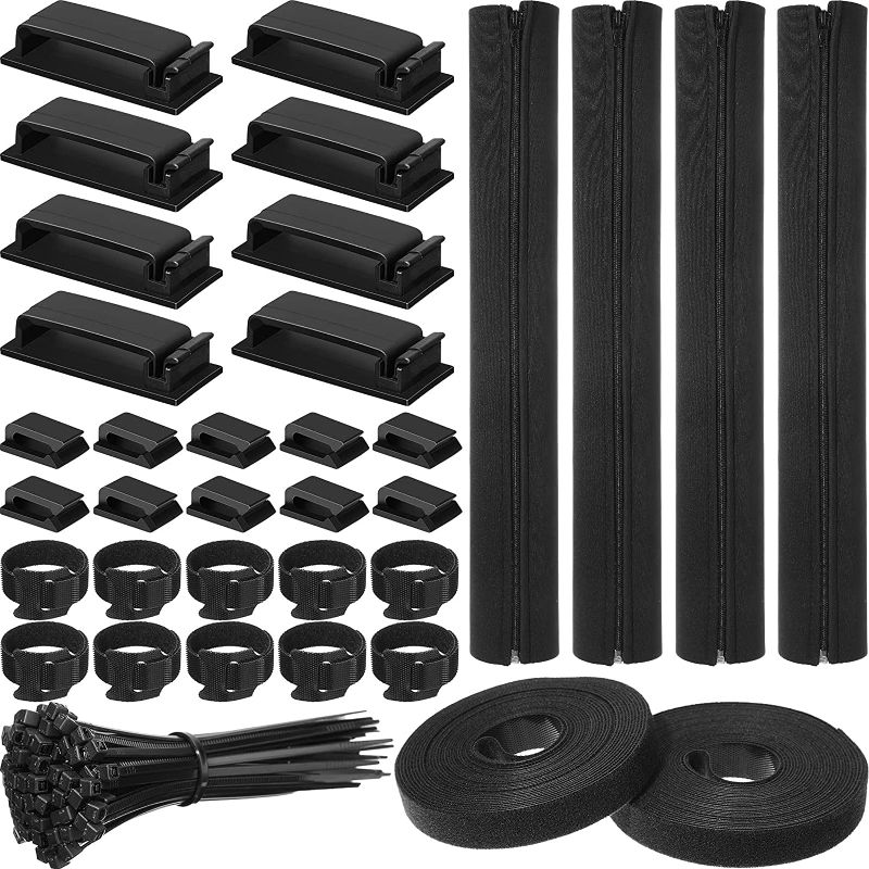 Photo 1 of 186 Pieces Cord Management Organizer Kit 4 Cable Sleeve with Zipper, 60 Self Adhesive Cable Clip Holder, 20 Cable Ties, 2 Roll Self Adhesive Tie and 100 Fastening Cable Ties for TV Office Home (Black)
